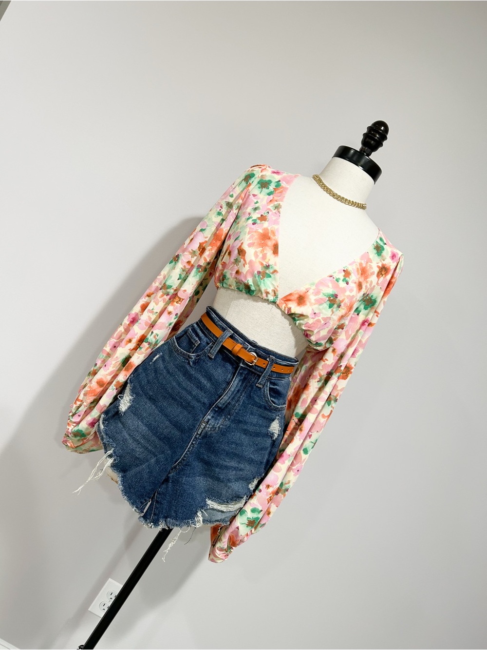 Princess Polly Pink & Green Floral Tie-Front Balloon Sleeve Crop Top